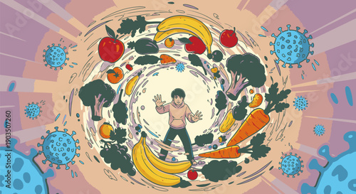 Man Surrounded by Fresh Fruits and Vegetables.