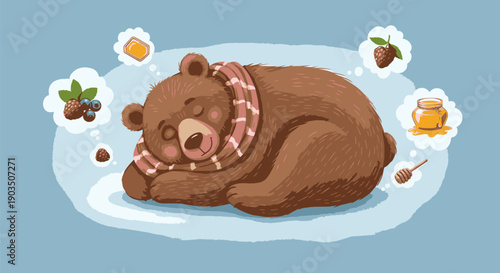 Cuddly Cartoon Bear Sleeping Peacefully with Scarf.