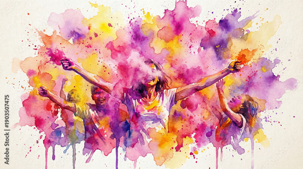 Obraz premium Vibrant Watercolor Painting of Happy People Celebrating Holi Festival