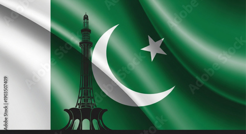 Pakistani flag with eiffel tower silhouette symbolizing cultural fusion and international relations with green and white colors