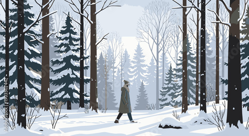 Man Walking Alone in Snowy Forest.