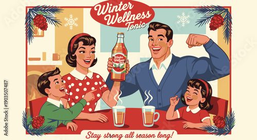 Vintage Family Drinking Hot Beverage Together.