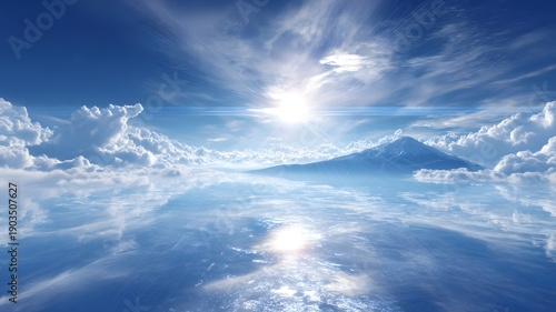 Serene Symmetrical Sky Reflection with Blue Clouds and Sunlight Creating Peaceful Horizon Landscape