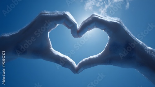Hands forming heart shape silhouette against blue sky with clouds symbolizing love care and compassion
