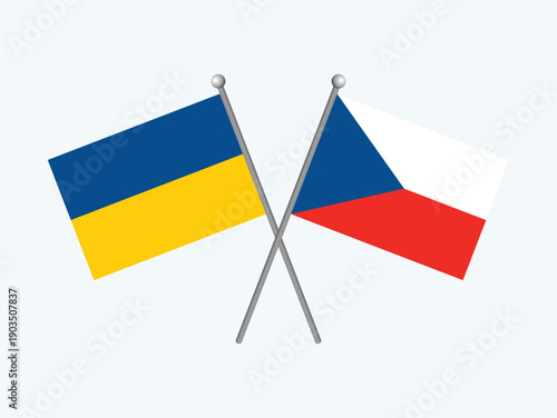 Czech Republic and Ukraine flag on a pole vector illustration. Two crossed Czechia and Ukrainian flags icon isolated on a gray background. Czech flag together with the Ukrainian flag symbol