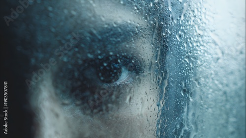 Melancholic woman behind wet glass with water droplets creating moody atmospheric portrait in cool tones