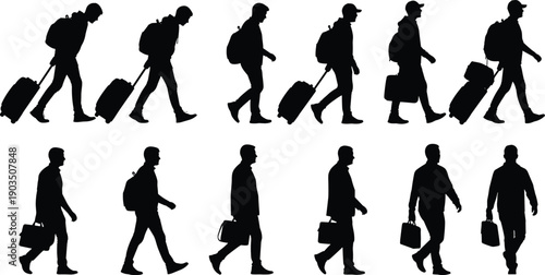 Travelers walking silhouettes set showing people with luggage and bags, journey movement, tourism, business travel, and transportation lifestyle isolated on white background