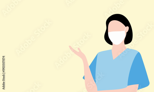 マスクを着けた医療従事者の女性を描いた余白のある人物イラスト