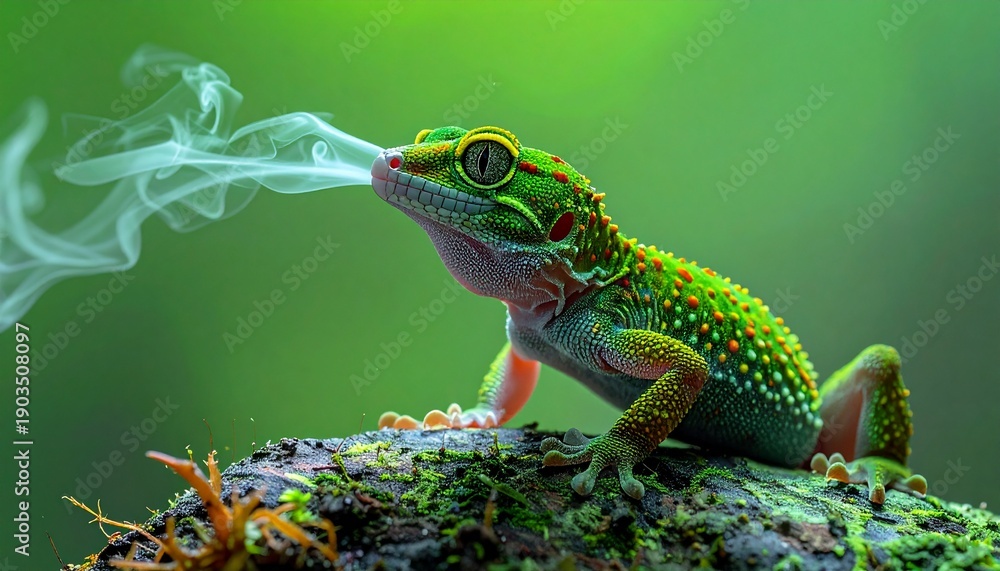 Fototapeta premium Vibrant gecko exhales smoke on mossy branch in nature.