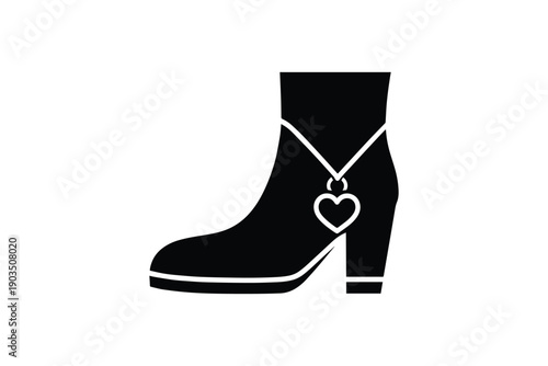 Black high heel ankle boot icon with heart charm detail isolated on white background fashion silhouette style