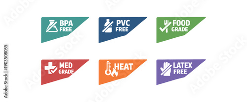six separate flat vector corner callout stickers each badge triangle label with and simple white pictogram evenly spaced texts/: BPA FREE flask slash icon corner callout muted teal PVC FREE