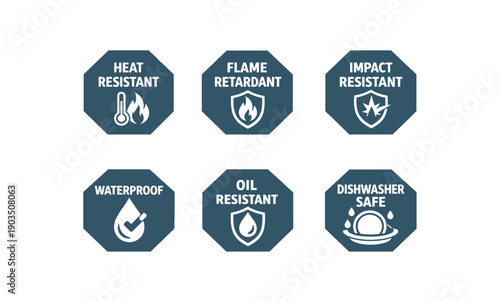 six separate flat vector octagon badges each badge solid deep slate octagon with and simple white pictogram below evenly spaced texts/: HEAT RESISTANT thermometer flame icon FLAME RETARDANT