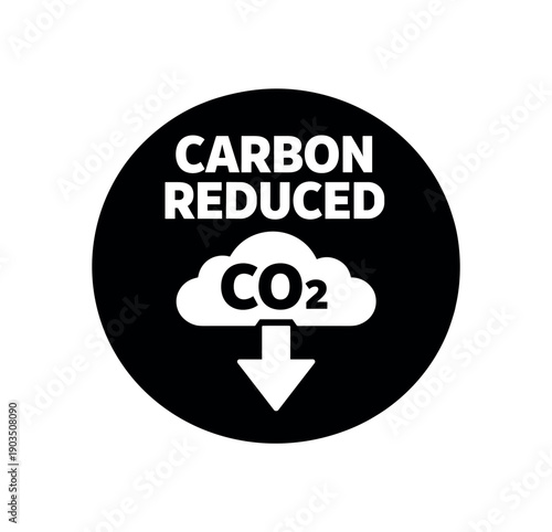 Flat vector badge CARBON REDUCED simple white CO2 cloud with down arrow