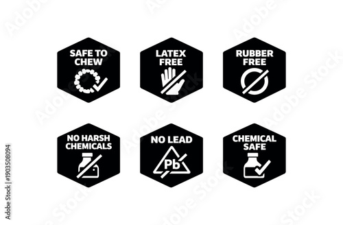 Flat vector hexagon badge solid black hexagon background simple white badge texts and : SAFE TO CHEW teething ring checkmark LATEX FREE glove slash RUBBER FREE ring slash NO HARSH CHEMICALS