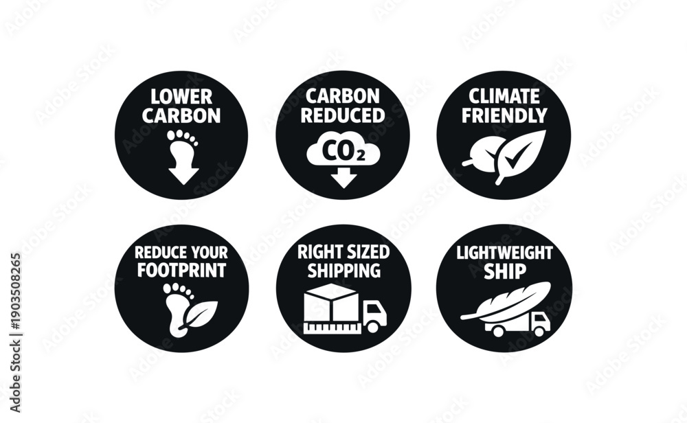 Obraz premium six separate flat vector badges each badge solid black circle with consistent style and size badge texts and : LOWER CARBON footprint down arrow icon CARBON REDUCED CO2 cloud down arrow