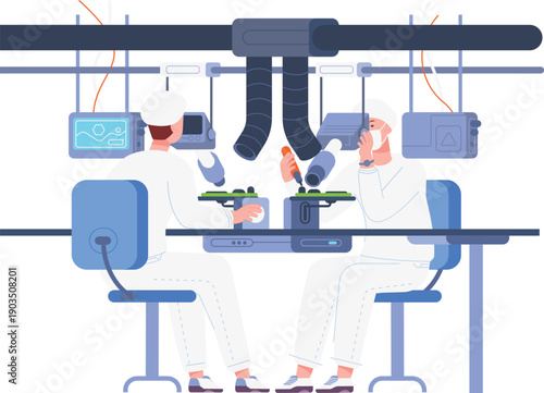 Assembly workers on electronics factory. Microchip manufacture concept