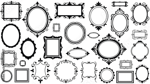 Assorted collection of intricately ornate Victorian-style picture frames in black, featuring elegant decorative borders for vintage and classic design projects.