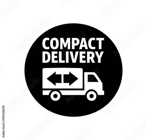 Flat vector badge COMPACT DELIVERY simple white truck with arrows inward