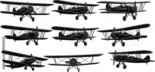 Vintage biplane aircraft silhouette set showing classic propeller airplanes from multiple angles in black design for aviation, retro, and graphic use