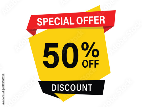 Special offer 50 percent off discount banner, yellow and red sale tag with black ribbon