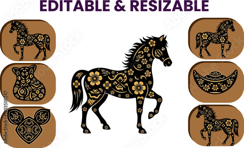 Decorative horse in full length with golden floral patterns, surrounded by horse icons and auspicious symbols