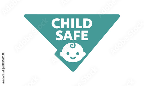 Flat vector corner callout sticker CHILD SAFE simple white baby face pictogram centered within triangle