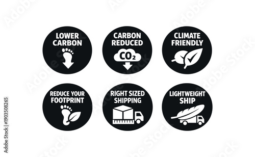 six separate flat vector badges each badge solid black circle with consistent style and size badge texts and : LOWER CARBON footprint down arrow icon CARBON REDUCED CO2 cloud down arrow