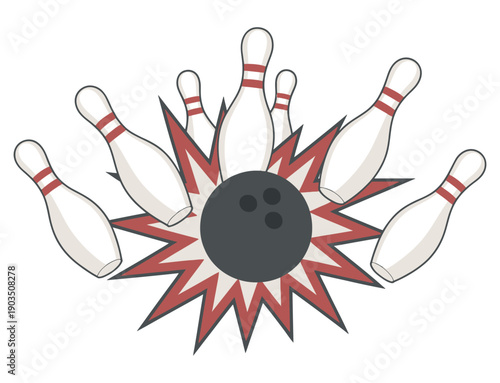 Ten Pin Bowling Logo, Classic Cartoon Bowling Ball And Pins Strike Icon Vector Transparent Background Sports Recreation Game Illustration Design