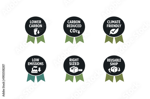 six separate flat vector ribbon badges each badge and simple white pictogram below two ribbon below circle muted eco accents evenly spaced texts/: LOWER CARBON footprint down arrow icon
