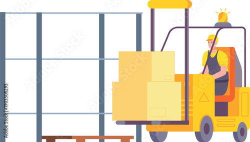 Forklift worker carry boxes to storage shelves. Warehouse illustration