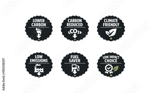 six separate flat vector seal stamp badges each badge solid black scalloped edge circle with and simple white pictogram below tiny muted eco dot accent evenly spaced texts/: LOWER CARBON