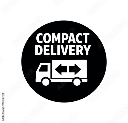Flat vector badge COMPACT DELIVERY simple white truck with arrows inward