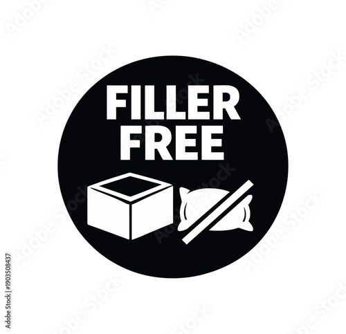 Flat vector badge FILLER FREE simple white box with air pillow slash