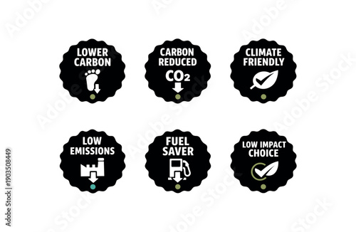 six separate flat vector seal stamp badges each badge solid black scalloped edge circle with and simple white pictogram below tiny muted eco dot accent evenly spaced texts/: LOWER CARBON