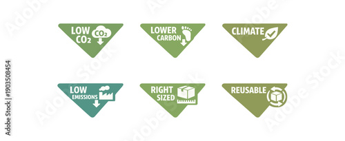 six separate flat vector corner callout stickers each badge triangle label eco accent colors with and simple white pictogram evenly spaced texts/: LOW CO2 CO2 down arrow icon corner callout