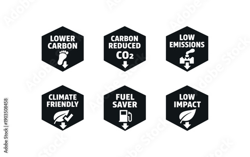 six separate flat vector hexagon badges each badge solid black hexagon with and simple white pictogram below evenly spaced texts/: LOWER CARBON footprint down arrow icon CARBON REDUCED CO2