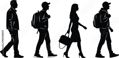 Walking people silhouettes with backpacks and handbag, men and woman in side view isolated on white background, travel, commuting, urban lifestyle concept