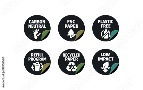 six separate flat vector sticker peel badges each badge solid black circle sticker with peeled corner muted eco accent colors (green olive teal) and simple white pictogram below evenly