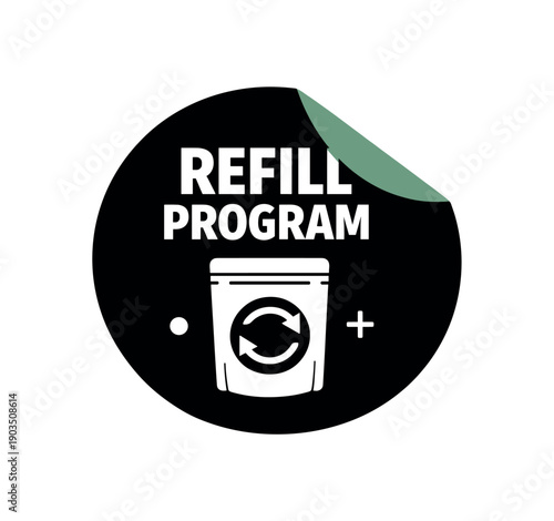 Flat vector sticker peel badge REFILL PROGRAM simple white pouch with arrows