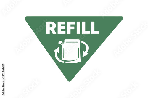 Flat vector corner callout sticker green triangular corner label REFILL simple white pouch arrows pictogram centered within triangle