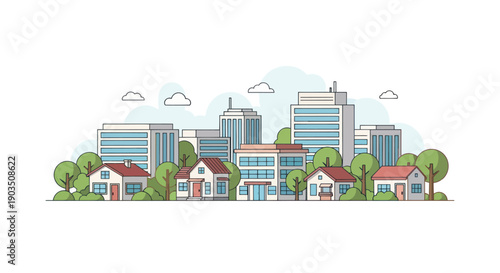 Modern city skyline with residential houses and green trees, flat design illustration