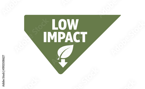 Flat vector corner callout sticker olive triangular corner label LOW IMPACT simple white leaf down arrow pictogram centered within triangle