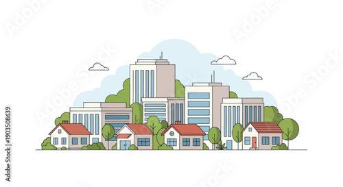 Modern city skyline with residential houses and green trees, flat design illustration