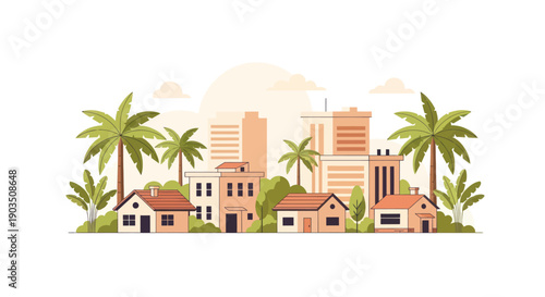 Tropical cityscape with palm trees, modern buildings, and houses, flat design illustration