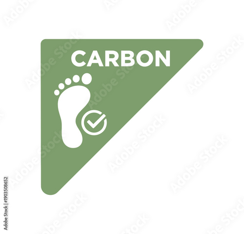 Flat vector corner callout sticker green triangular corner label CARBON simple white footprint check pictogram centered within triangle