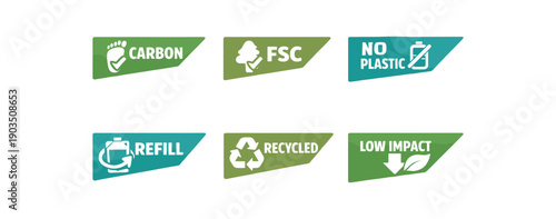 six separate flat vector corner callout stickers each badge triangle label eco accent colors (green olive teal) and simple white pictogram evenly spaced texts/: CARBON footprint check icon