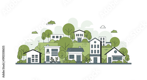 Flat Illustration of a Small Town Residential Neighborhood with Houses and Trees