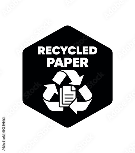 Flat vector hexagon badge solid black hexagon background RECYCLED PAPER simple white recycle arrows with paper sheet