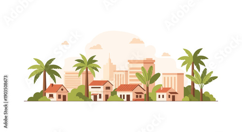 Tropical Suburban Skyline with Palm Trees and Houses