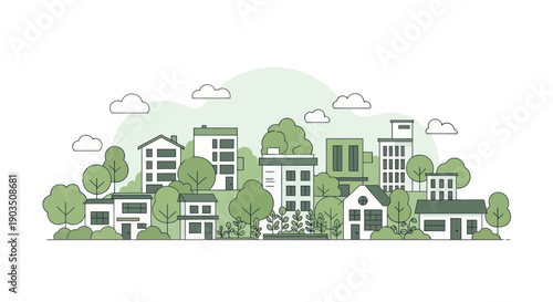 Modern Eco Cityscape with Green Buildings and Trees, Flat Illustration
